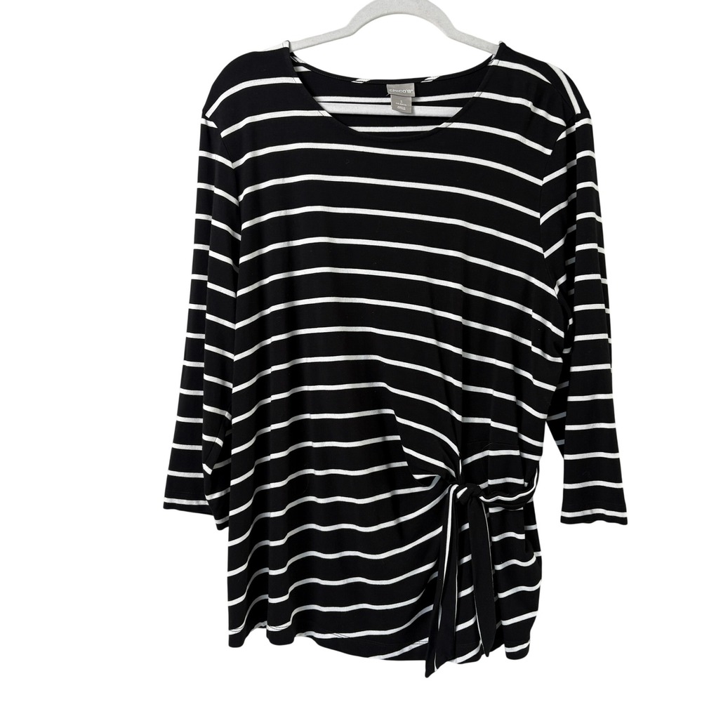 Chicos Top Womens Size 3 US XL Black White Striped Side Tie‎ 3/4 Sleeve Stretch
